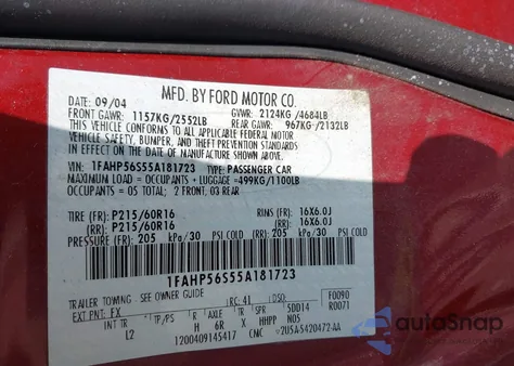 2005 Ford Taurus Sel from USA, damaged, VIN 1FAHP56S55A181723